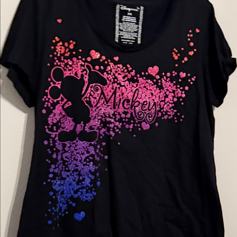 Disney Black Tee with Pink and Red Heart Design glitter